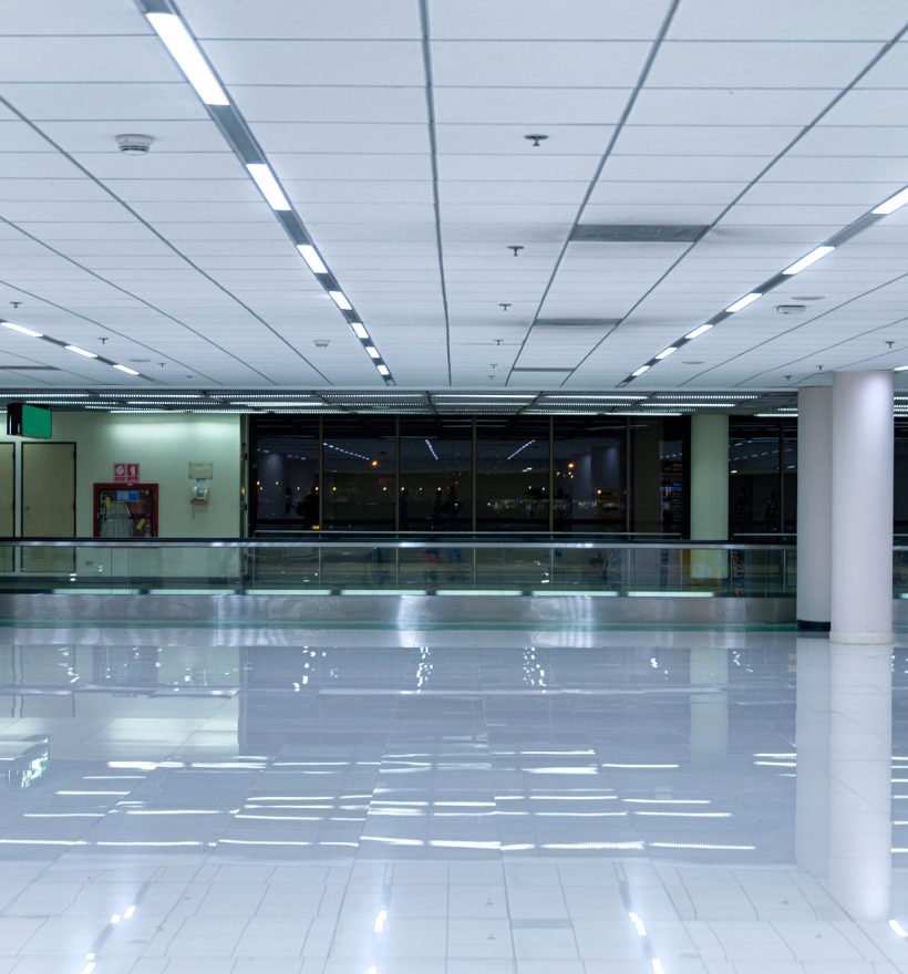 Interior white hallway with lighting in the airport